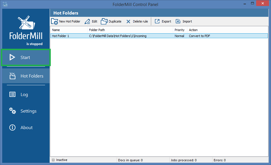 FolderMill Dateiverarbeitung starten
