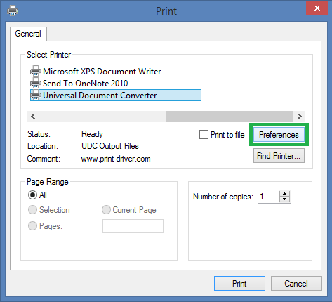 Universal Document Converter als virtuellen Drucker auswählen