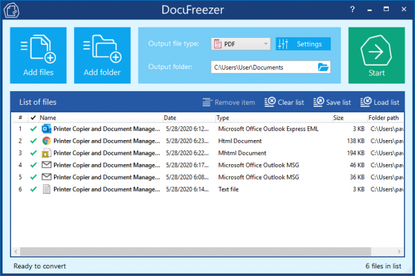 Batch-Konvertierung von Outlook EML oder MSG mit DocuFreezer